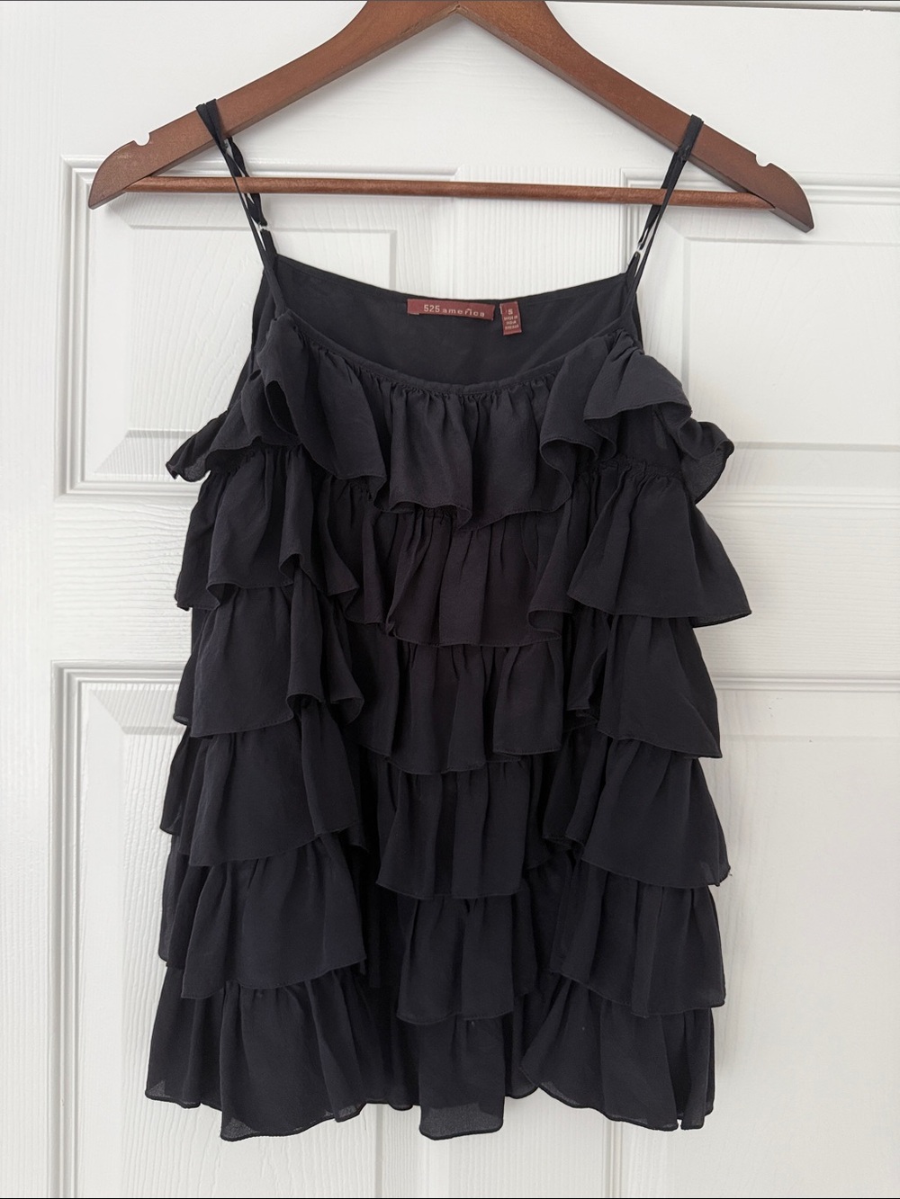 525 American 100% silk black ruffles top sz Small